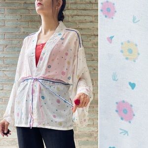 Vintage Chinese Jacket Hanfu White Sheer Floral Gauze Tie Waist Kimono